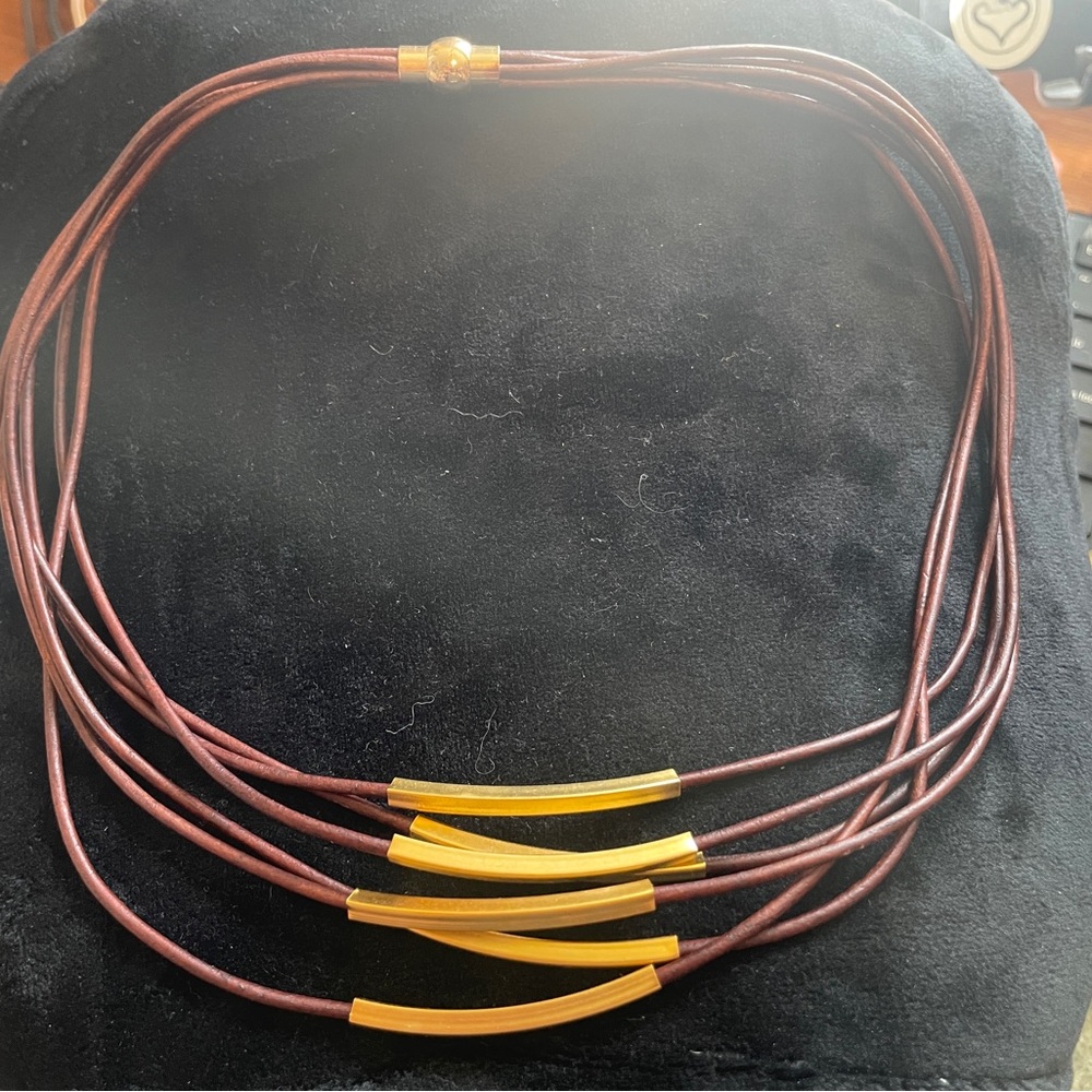Elegant Brown and Gold Layered Leather Necklace